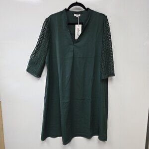 MISSKY Dress Womens XL Green Lace Sleeve Shift 3/4 Sleeve V Neck Solid Casual